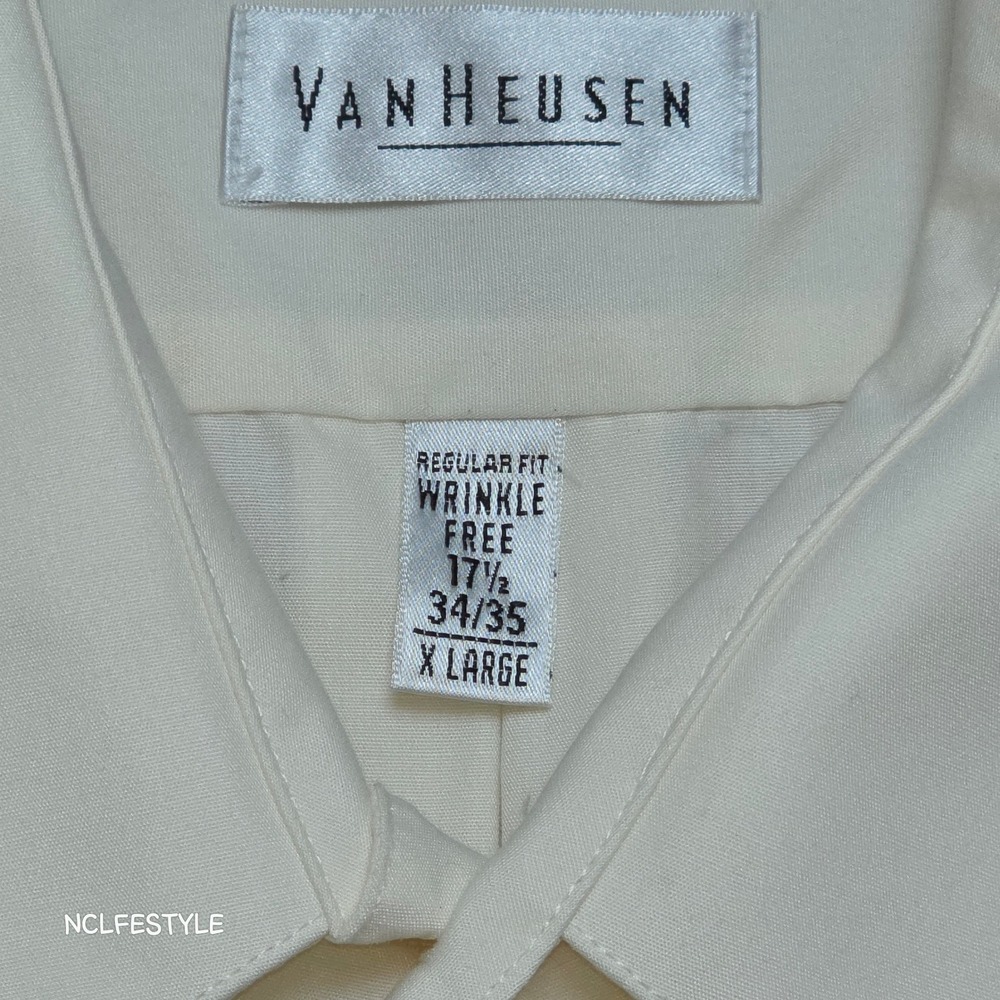 Van Heusen Mens XL Dress Shirt Cream Wrinkle Free Poplin Regular Fit 17.5 34/35 - Picture 4 of 7